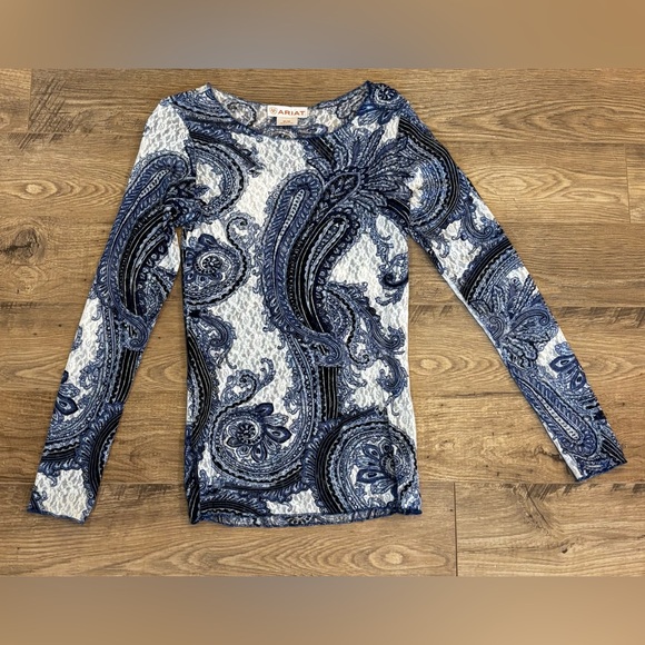 Ariat Tops - Ariat Navy & White Paisley Mesh Lace Long Sleeve Top – Size Medium